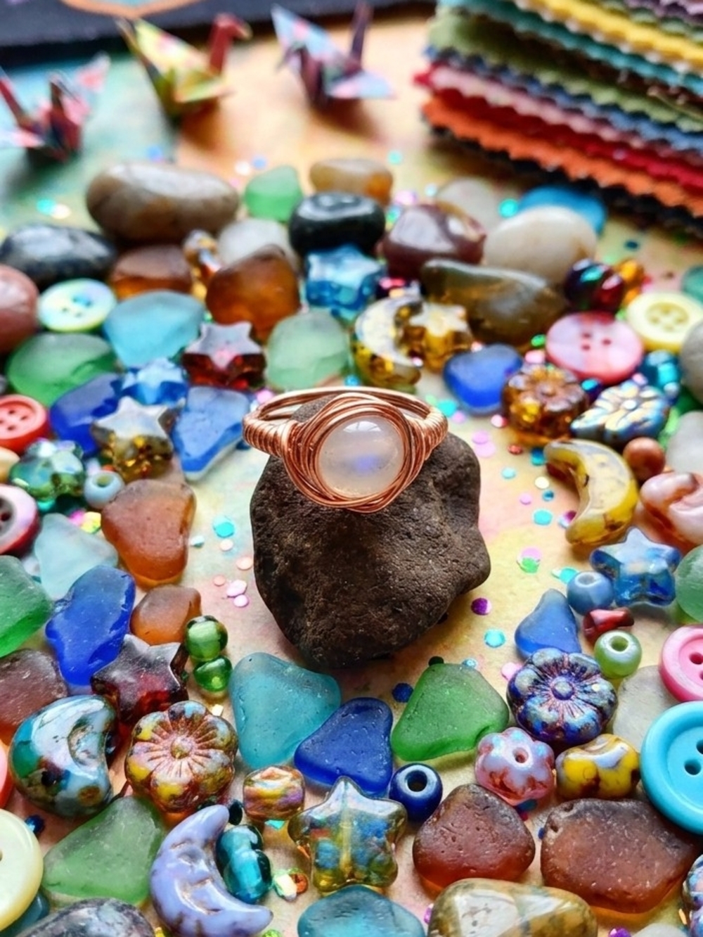 Copper Wire Wrapped Ring Handmade With Sun Reactive Cats Eye Resin Bead